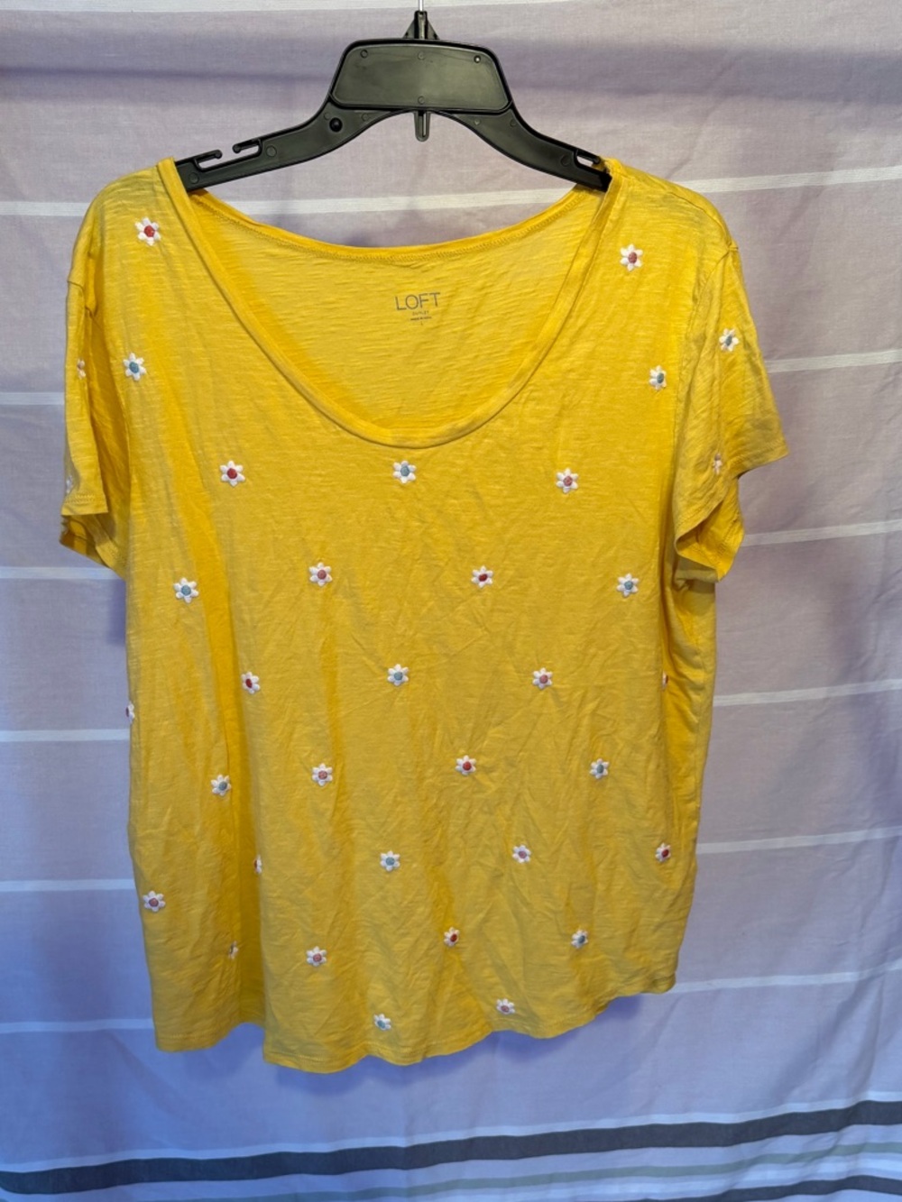 LOFT Yellow Scoop Neck Tee with Daisy Embroidery